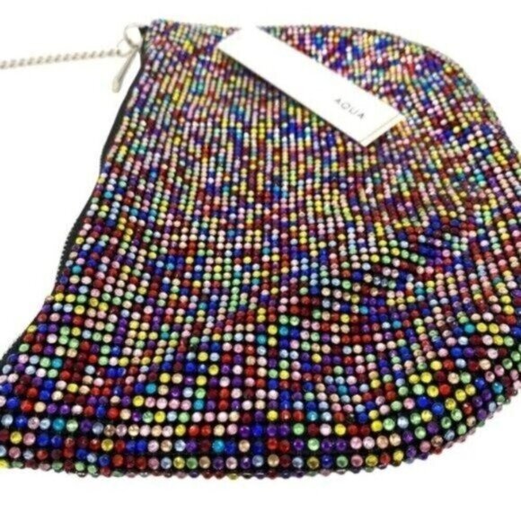 Aqua Crystal Mesh Beaded Mini Shoulder Bag Clutch Purse in Rainbow New - Picture 3 of 14